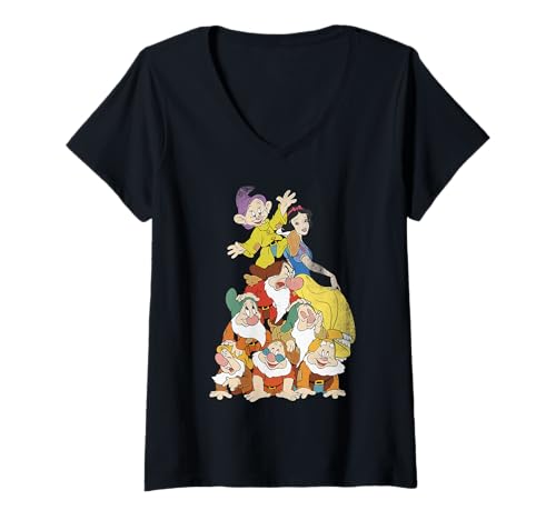 Damen Disney Schneewittchen mit sieben Zwergen im Stapel T-Shirt mit V-Ausschnitt von Disney