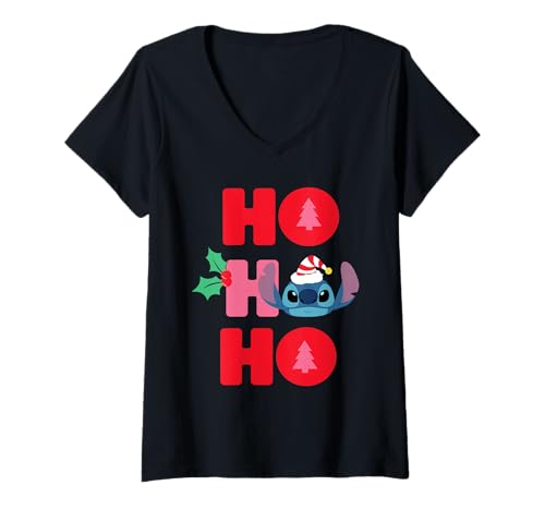 Damen Disney Stitch Christmas Ho Ho Ho Cute Funny Holiday T-Shirt mit V-Ausschnitt von Disney