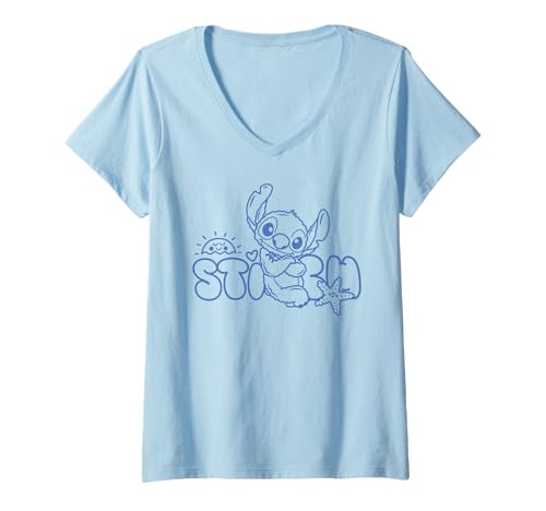 Damen Disney Stitch Fluffy Summer Sun Beach Vibes T-Shirt mit V-Ausschnitt von Disney