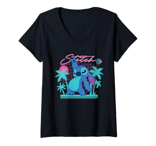 Damen Disney Stitch Retro ’90s Couples Matching Valentine’s Stitch T-Shirt mit V-Ausschnitt von Disney