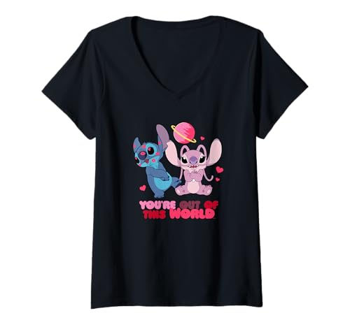 Damen Disney Stitch & Angel You’re Out of This World Valentine’s T-Shirt mit V-Ausschnitt von Disney