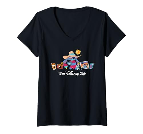 Damen Disney Stitch & Scrump First Disney Trip Vacation Matching T-Shirt mit V-Ausschnitt von Disney