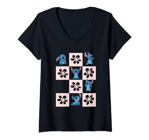 Damen Lilo And Stitch Checker T-Shirt mit V-Ausschnitt von Disney