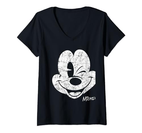 Damen Mickey Mouse Beaten Face T-Shirt mit V-Ausschnitt von Disney