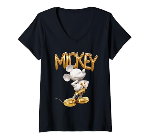 Damen Mickey Mouse Gold Statue T-Shirt mit V-Ausschnitt von Disney