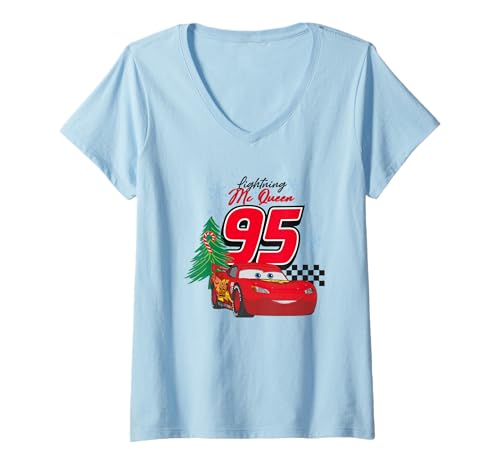 Damen Weihnachten Cars Lightning McQueen T-Shirt mit V-Ausschnitt von Disney