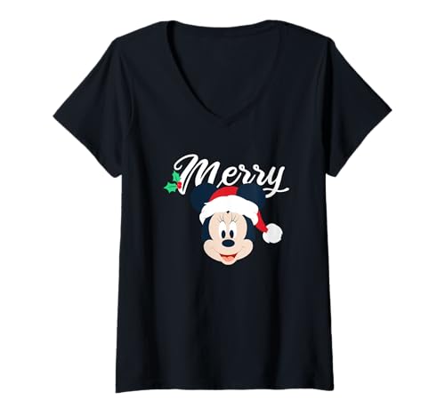 Damen Weihnachten Minnie Mouse Merry T-Shirt mit V-Ausschnitt von Disney