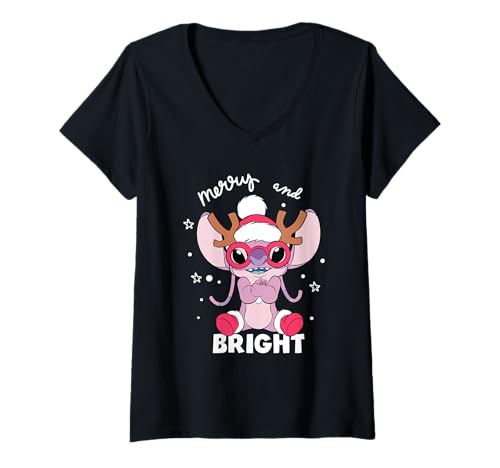 Damen Weihnachten Stitch Angel Mingle T-Shirt mit V-Ausschnitt von Disney