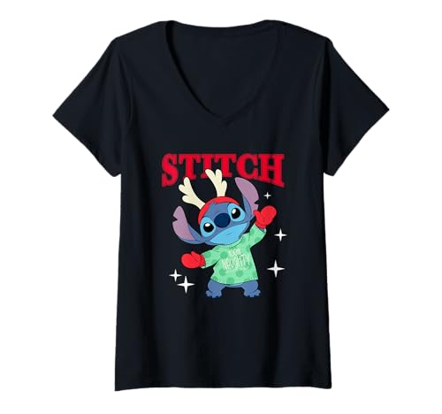 Damen Weihnachten Stitch GNOME T-Shirt mit V-Ausschnitt von Disney