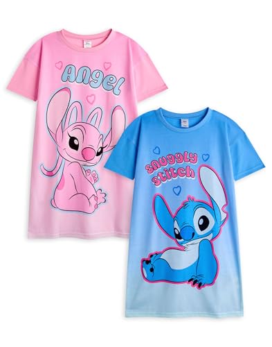 Disney Angel & Stitch Mädchen-Nachthemd-Pyjama-Set, 2er-Pack | Langärmliges Nacht-T-Shirt und Pyjamahose mit Charakter-Grafikdruck für Kinder in Blau und Rosa von Disney