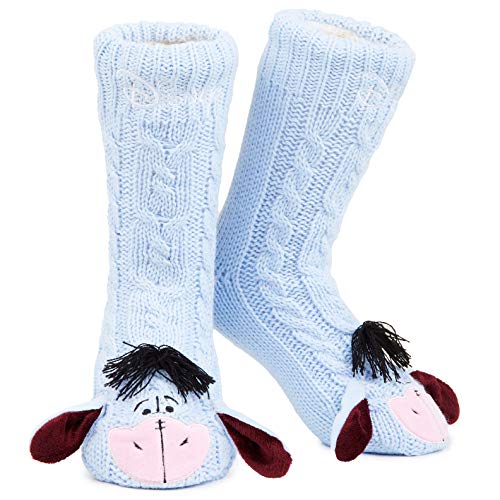 Disney Antirutschsocken Damen mit 3D-Ohren, One Size ABS Kuschelsocken Damen Antirutsch Haussocken Winter Frauen Geschenke (Blau Eeyore) von Disney