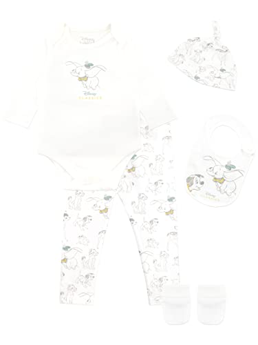 Disney Baby Dumbo Bodysuit mit Hut und Latz Outfit 5-teiliges Set für Jungen und Mädchen 44-50 Weiß von Disney