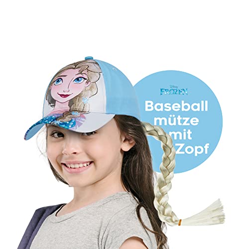 Disney Baseballmütze für Mädchen, Princess Collection, Baumwolle und Polyester, Königin ELSA aus Frozen, Blau, Einheitsgröße Bequeme Mädchen Cap, Mit Abnehmbarer Haarzopf von Disney