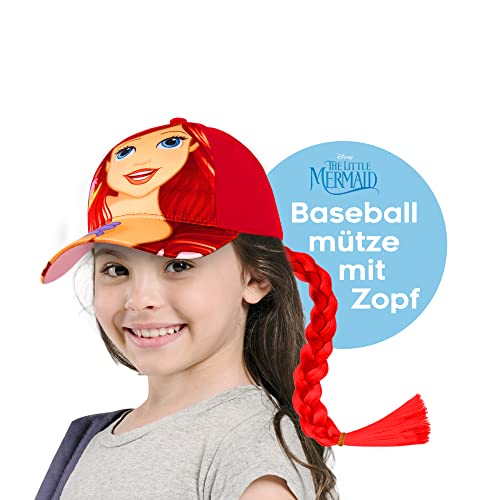 Disney Baseballmütze für Mädchen, Princess Collection, Baumwolle und Polyester, Ariel von der Kleinen Meerjungfrau, Rot, Einheitsgröße Bequeme Mädchen Cap, Mit Abnehmbarer Haarzopf von Disney