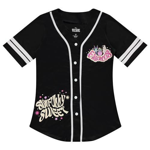 Disney Baseballtrikot für Damen, Villains, Ursela, Cruella de Vil und Maleficent, Netzstoff, Button-Down-Baseballtrikot, Schwarz Weiß, Groß von Disney