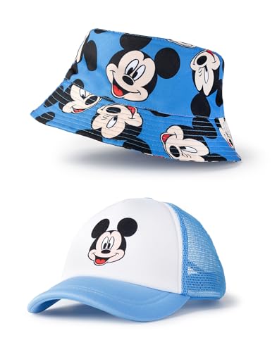 Disney Blaues Micky Maus Fischerhut- und Mützen-Set | Zweier-Pack grafische Hüte für Jungen | Lässige Sonnenschutzbekleidung | Atmungsaktive Netzkappe und klassischer Fischerhut von Disney