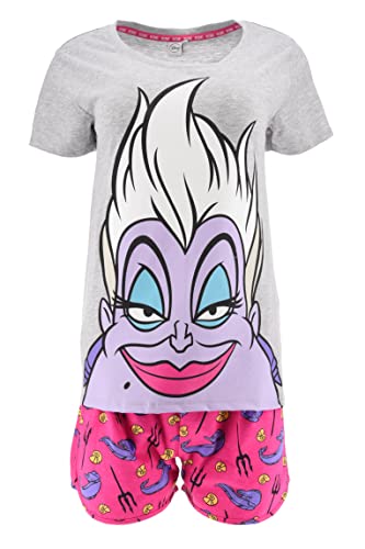 Disney Bösewichte T-Shirt und Shorts für Damen, Schlafanzug Baumwolle, 2-Teiliges Set Damen, Ursula die Kleine Meerjungfrau, Geschenk Damen und Teenager | L - Rosa von Disney