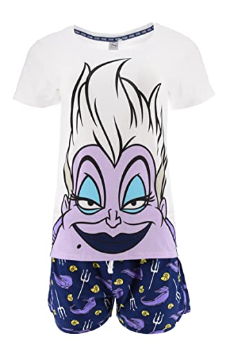 Disney Bösewichte T-Shirt und Shorts für Damen, Schlafanzug Baumwolle, 2-Teiliges Set Damen, Ursula die Kleine Meerjungfrau, Geschenk Damen und Teenager | S - Lila von Disney