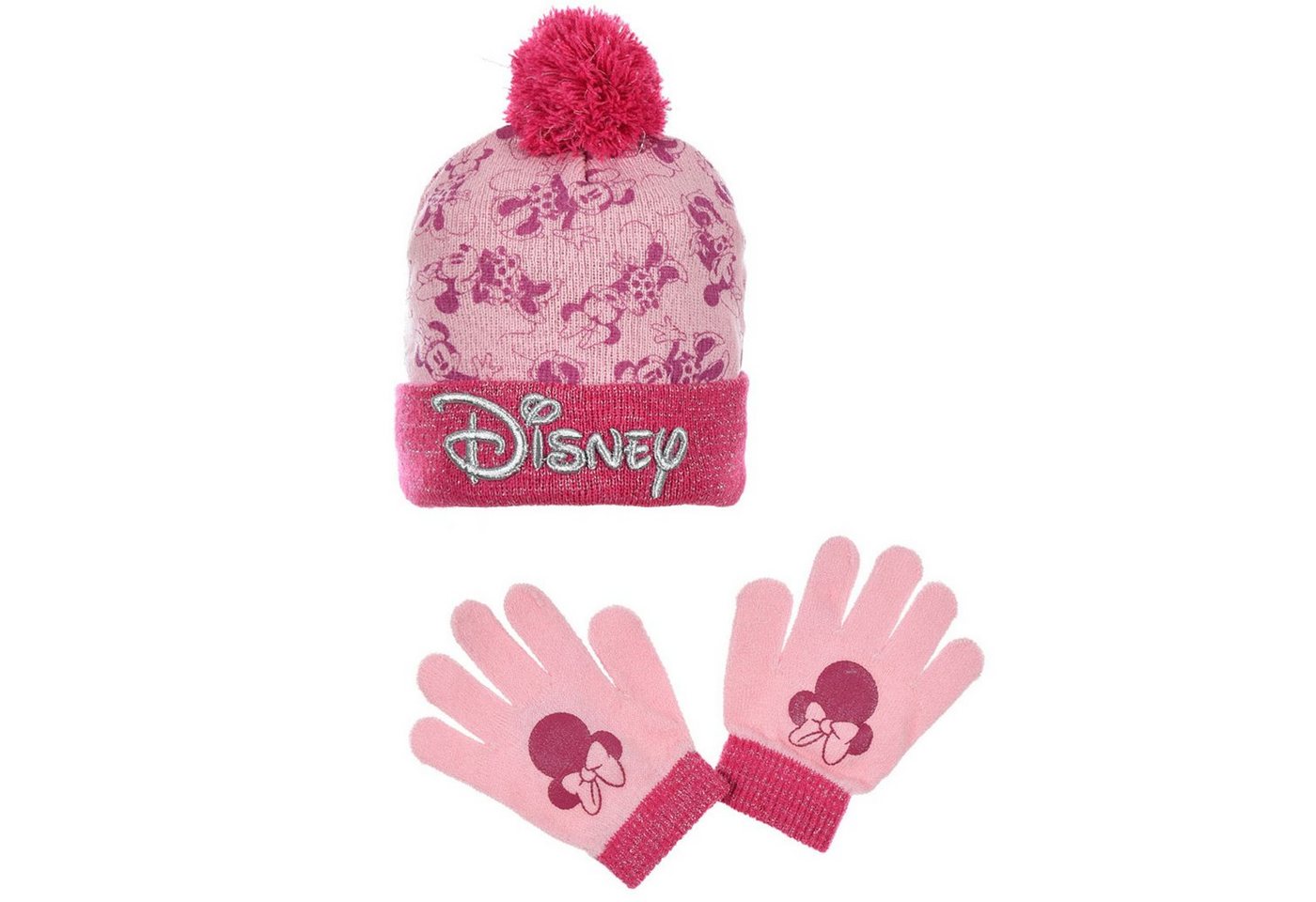 Disney Bommelmütze Disney Minnie Maus 2 tlg Set Kinder Herbst Wintermütze plus Handschuhe (2-St) Bestickt von Disney
