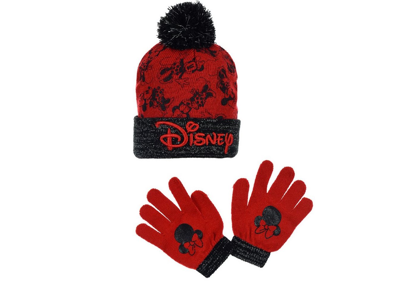 Disney Bommelmütze Disney Minnie Maus 2 tlg Set Kinder Herbst Wintermütze plus Handschuhe (2-St) Bestickt von Disney