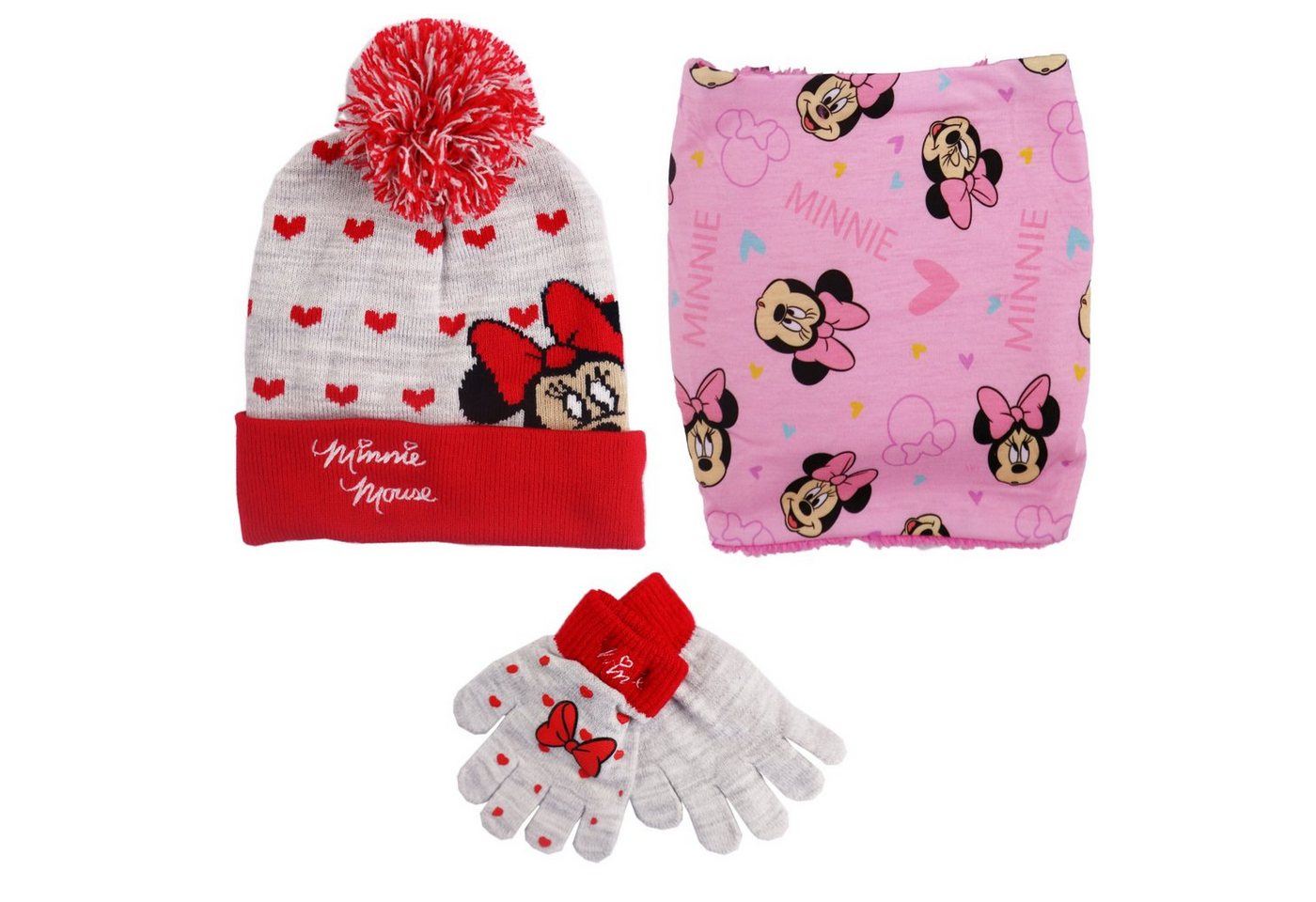 Disney Bommelmütze Disney Minnie Maus 3teiliges Set Kinder (2-St) Herbst Wintermütze Snood plus Handschuhe von Disney