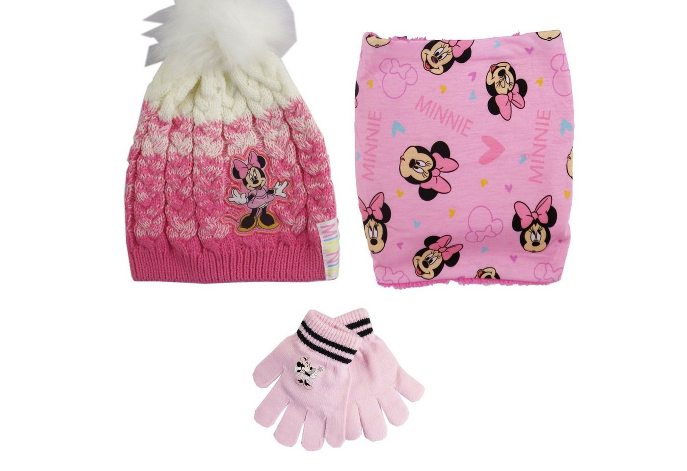 Disney Bommelmütze Disney Minnie Maus Set Kinder (2-St) Herbst Wintermütze Snood plus Handschuhe von Disney