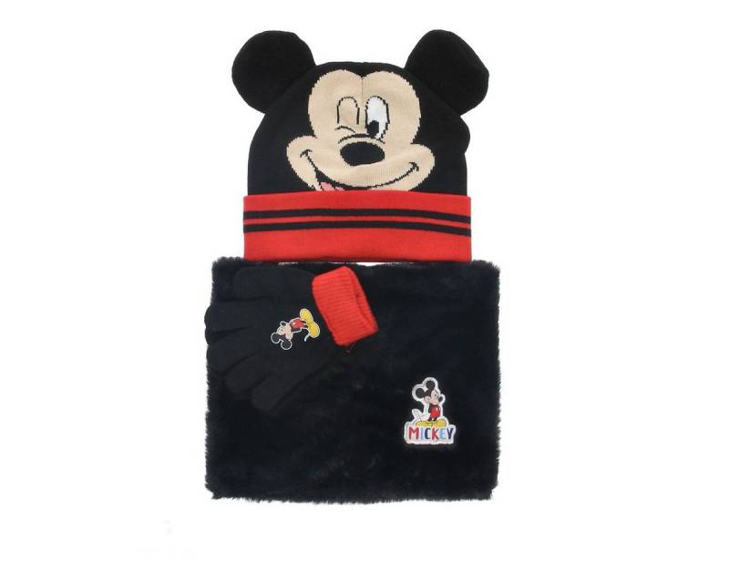 Disney Bommelmütze Mickey Mouse Mütze Set mit Schal & Handschuhen schwarz von Disney