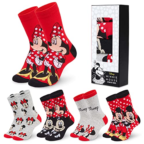 Disney Bunte Socken Damen 5er Pack, Mickey Mouse Minnie Mouse Damen Socken (Grau/Rot EU 36-40) von Disney