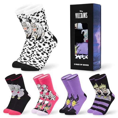 Disney Wadensocken Damen, Bunte Warme Socken Damen mit Motiv 5er-Pack - Stitch Winnie Pooh Baby Yoda, Freundin Geschenk (Lila Villains) von Disney