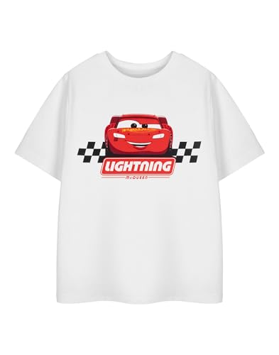 Disney Cars Lightning McQueen Weißes T-Shirt | Ziellinien-Grafik-T-Shirt mit Karierter Flagge für jüngere Jungen | Kurzärmliges Oberteil mit Rundhalsausschnitt | Cartoon-Charakter-Kleidung von Disney