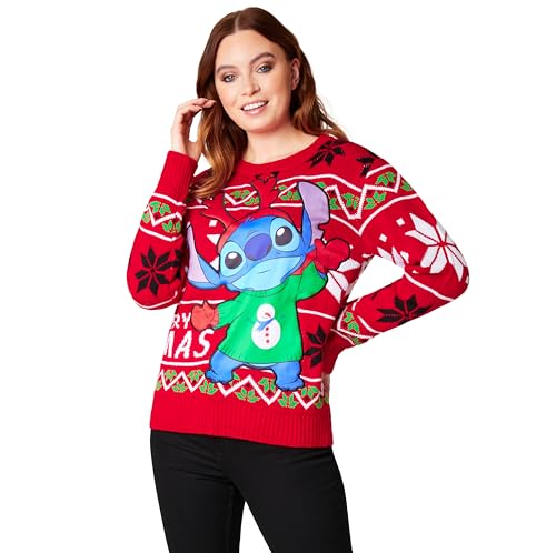 Disney Christmas Sweater Damen, Lilo und Stitch Weihnachtspullover Damen und Teenager S-XXL Weihnachts Geschenk für Frauen (Rot Stitch, L) von Disney