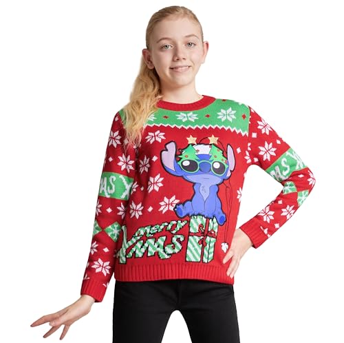 Disney Stitch Mädchen Weihnachtspullover, Kuscheliger Weihnachtspulli für Mädchen – Geschenke für Mädchen und Teenager (Rot/Grün, 13-14 Jahre) von Disney
