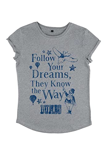 Disney Damen Dumbo Follow Dreams Women's Organic Rolled Sleeve T-shirt, Melange Grey, L von Disney Classics