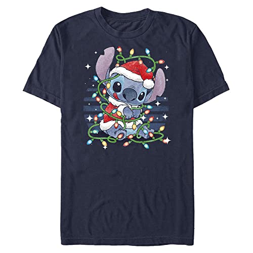 Disney Classics Unisex Lilo & Stitch-Stitch Xmas Lights Organic Short Sleeve T-Shirt, Navy Blue, XL von Disney Classics