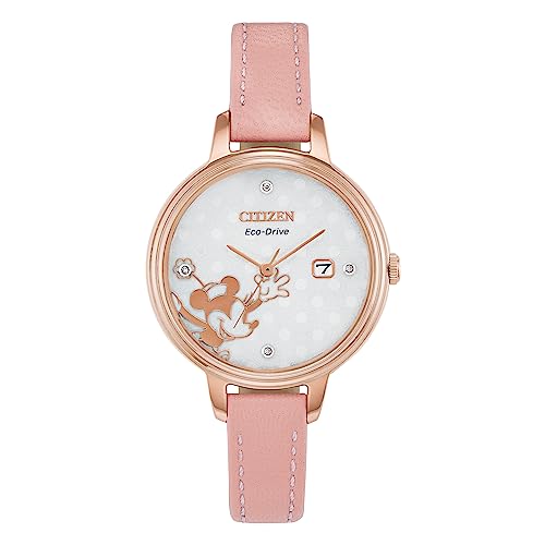 Disney Damen Analog Eco-Drive Uhr mit Leder Armband EW2448-01W von Disney