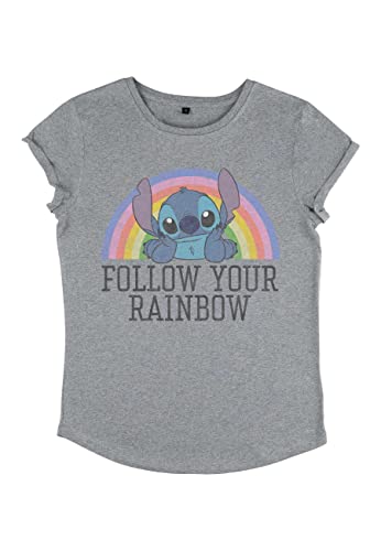 Disney Damen Lilo & Stitch Stitch Rainbow Women's Organic Rolled Sleeve T-shirt, Melange Grau, S von Disney Classics