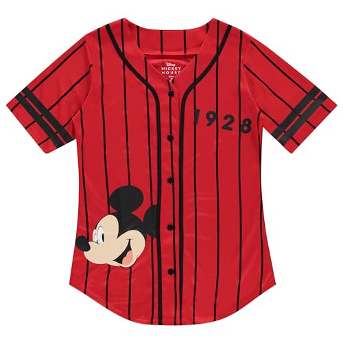 Disney Damen Mickey Mouse Fashion Shirt – Mickey & Minnie Mouse Baseball Jersey Mickey Mouse Button Down Baseball Jersey, Rot / Schwarz gestreift, Mittel von Disney