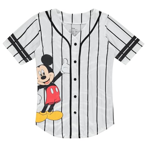 Disney Damen Mickey Mouse Fashion Shirt – Mickey & Minnie Mouse Baseball Jersey Mickey Mouse Button Down Baseball Jersey, Weiß / Schwarz gestreift, Groß von Disney