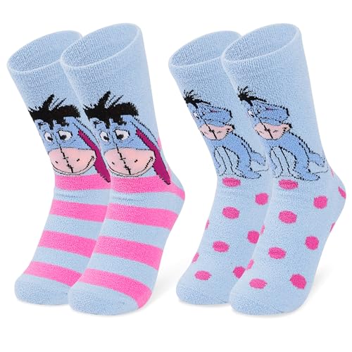 Disney Damen Socken, 2er Set Kuschelsocken Damen Flauschig mit ABS Mickey Minnie Baby Yoda Stitch (Blau Eeyore) von Disney