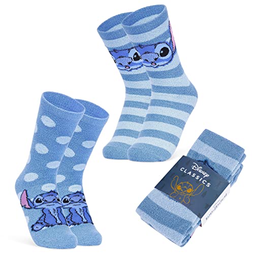 Disney Damen Socken, 2er Set Kuschelsocken Damen Flauschig mit ABS Mickey Minnie Baby Yoda Stitch (Blau Stitch) von Disney