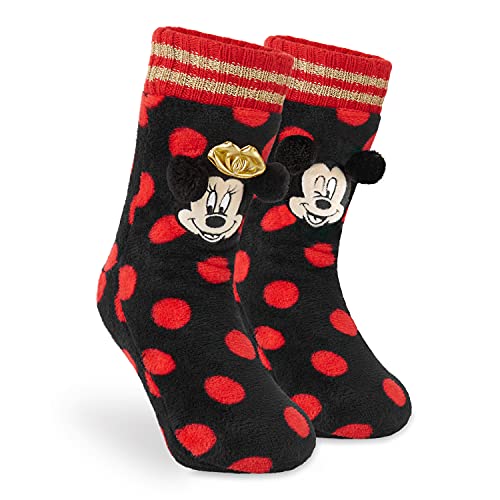 Disney Antirutschsocken Damen mit 3D-Ohren, One Size ABS Kuschelsocken Damen Antirutsch Haussocken Winter Frauen Geschenke (Rot Punkte Minnie) von Disney