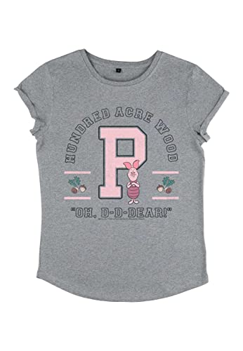 Disney Damen Winnie The Pooh Piglet Collegiate Women's Organic Rolled Sleeve T-shirt, Melange Grey, L von Disney Classics