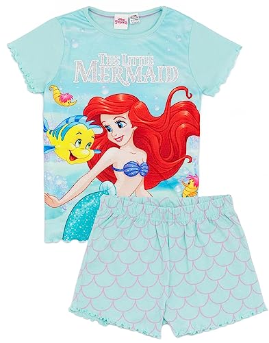 Disney Die kleine Meerjungfrau Mädchen Pyjama Set | Blaues Kurzarm-T-Shirt & Shorts Loungewear Pyjamas für Kinder | Ariel & Flunder Unterwasser Meerjungfrau Nachtwäsche | Film Pyjama Nachtwäsche von Disney