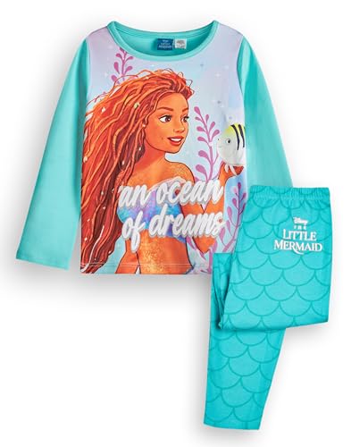 Disney Die kleine Meerjungfrau Mädchen Pyjama Set | Kinder Prinzessin Langarm-Pyjamas mit Langer Beingrafik in Blau | EIN Ozean der Träume Glitzer-Print Meerjungfrauen-Schwanzhose | Film Merchandise von Disney