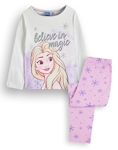 Disney Frozen ELSA Mädchen-Pyjama-Set | Weißes Langarm-Oberteil im Prinzessin-Stil für Kinder und rosa Pyjama mit Langen Beinen und Grafik | Believe in Magic Glitzer-Druck mit Schneeflocken von Disney