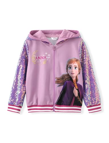 Disney Frozen Elsa Stitch Minnie Mouse Kleinkind Mädchen Jacke Pailletten Reißverschluss Hoodie Sweatshirt Mantel Geburtstag Kleidung 3-13 Jahre, Anna-lila, 5-6 Jahre von Disney