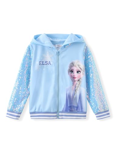 Disney Frozen ELSA Stitch Minnie Mouse Kleinkind Mädchen Jacke Pailletten Reißverschluss Hoodie Sweatshirt Mantel Geburtstag Kleidung 3-13 Jahre, ELSA-Blau, 5-6 Jahre von Disney