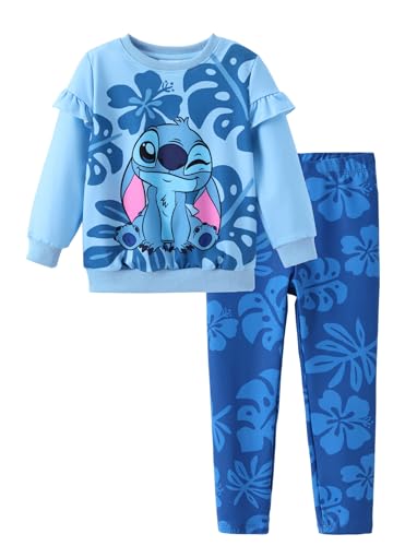 Disney Frozen Minnie Mouse Stitch Princess Herbst Kleinkind Mädchen Outfit 2-teiliges Mädchen Kleidung Langarm Sweatshirt und Leggings, Stitch-Blue, 4-5 Jahre von Disney