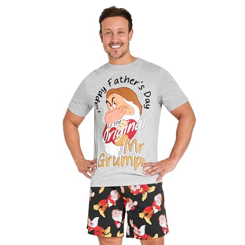 Disney Grumpy Schlafanzug Herren Kurz, Pyjama Set T-Shirt & Shorts - Geschenke für Männer (Grau/Schwarz, M) von Disney