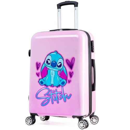 Disney Hartschalenkoffer Kinder, Reisekoffer mit Rollen 28L, 50L oder 91L 4 Räder (Rosa Stitch Mittelgroß) von Disney